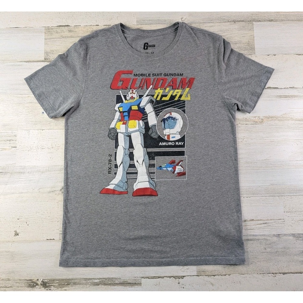 Mobile Suit Gundam Shirt Mens Medium Gray Graphic Distressed RX-78-2 Anime Tee